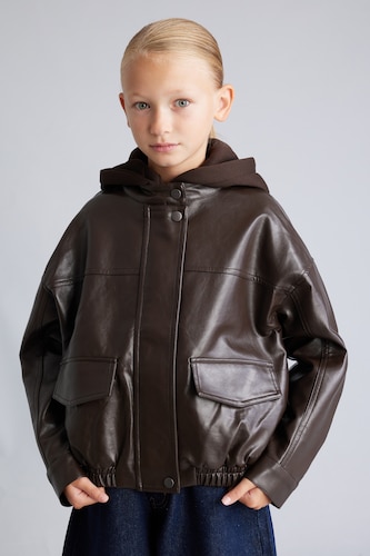 Young Girls - Teen Girls Brown Girls Faux Leather with Patch Pockets Hooded Jacket