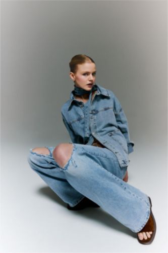 Женщины Голубрй Джинсовая куртка с широкими карманами