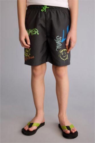 Erkek Çocuk - Genç Erkek Koyu Antrasit Baskılı Deniz Şortu Erkek Çocuk