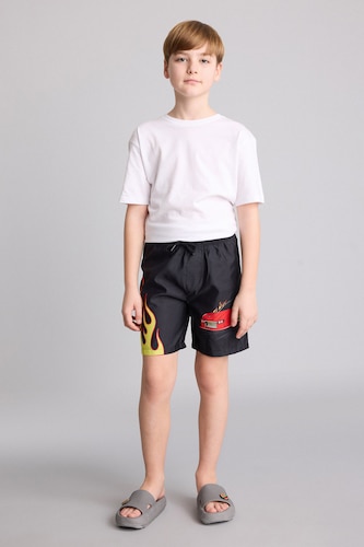Boys & Teens Black Boy Regular Fit Printed Swim Shorts