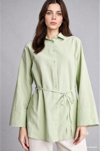 Kadın Mint %100 Pamuk Regular Fit Flamlı Tunik
