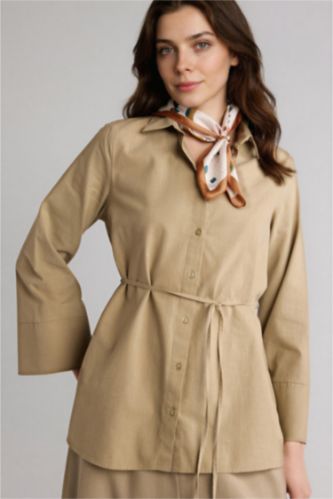 Kadın Açık Haki Flamlı Pamuk Uzun Kollu Tunik