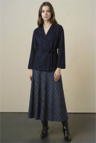 WOMAN NAVY A Cut Plaid Maxi Skirt