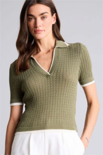 Woman Light Khaki Regular Fit Polo Collar Pullover