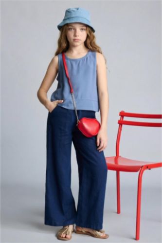 Kız Çocuk - Genç Kız Lacivert Wıde Leg Geniş Paça Keten Pantolon Kız Çocuk