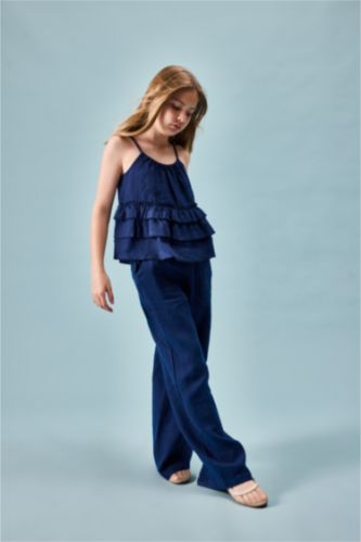GIRLS & TEENS NAVY بنطلون كتان وايد ليج