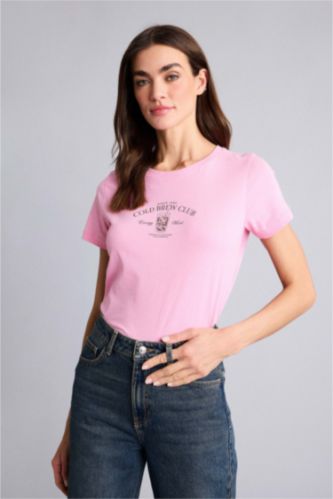 Женщины Розовый Трикотажная футболка Regular Fit с круглым вырезом принтом-слоганом и коротким рукавом