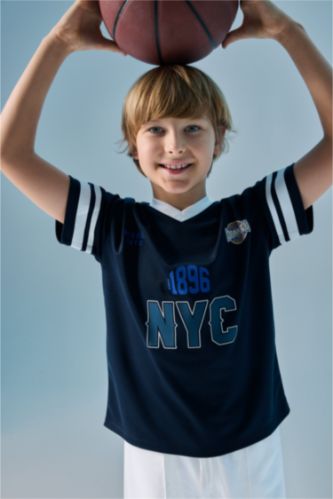 BOYS & TEENS NAVY Oversize Fit V-Neck Navy Printed Short Sleeve T-Shirt