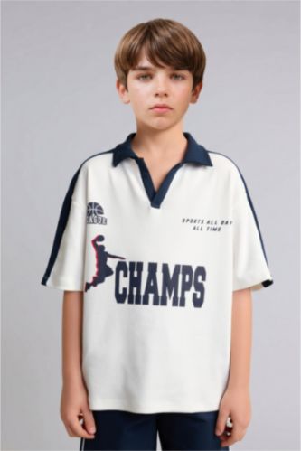 Мальчики и подростки Бежевый Boy Oversize Fit Printed Short Sleeve Polo T-Shirt