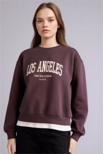 Woman Brown Relax Fit Slogan Long Sleeve Sweatshirt