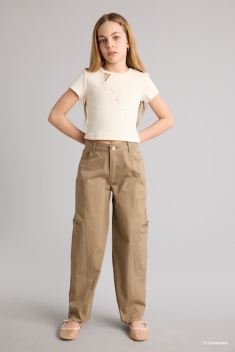 Young Girls - Teen Girls Light Khaki Girl Baggy Fit Gabardine Trousers