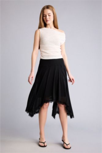 WOMAN Black Asymmetric Crepe Normal Waist Midi Knitted Skirt