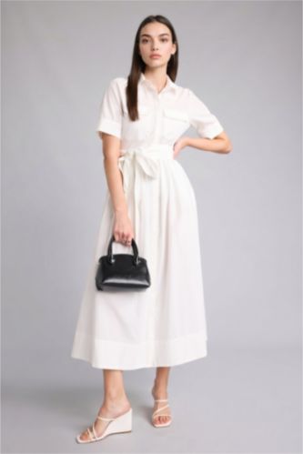 Kadın Kırık Beyaz A Kesim Terry Cotton Kısa Kollu Midi Elbise