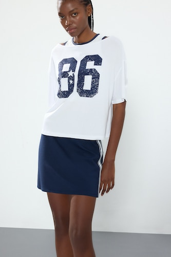 Women White Loose Fit Boat Collar Slogan Modal Short Sleeve T-Shirt