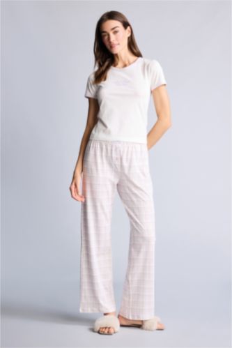 Kadın Pembe Pijama Takımı Üst Kareli Alt