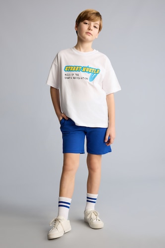 Erkek Çocuk - Genç Erkek Koyu Mavi %100 Pamuk Oversıze Sweatshirt Kumaşı Şort Erkek Çocuk