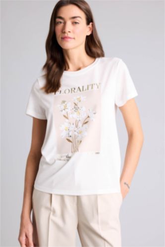 Kadın Ekru Bisiklet Yaka Çiçekli Kısa Kollu Tişört