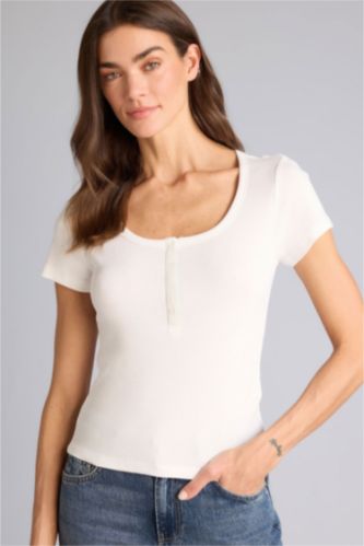 Kadın Ekru Regular Fıt Basıc Fitilli Kaşkorse Tişört