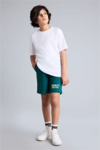 Erkek Çocuk - Genç Erkek Koyu Yeşil Oversıze Baskılı Şort Erkek Çocuk