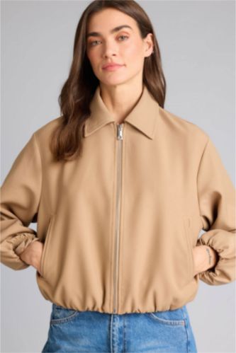 Woman Beige Standard Fit Suede Puffer Jacket