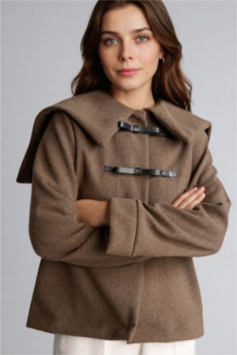 Kadın Vizon Regular Fıt Büyük Yaka İçi Yumuşak Tüylü Hırka