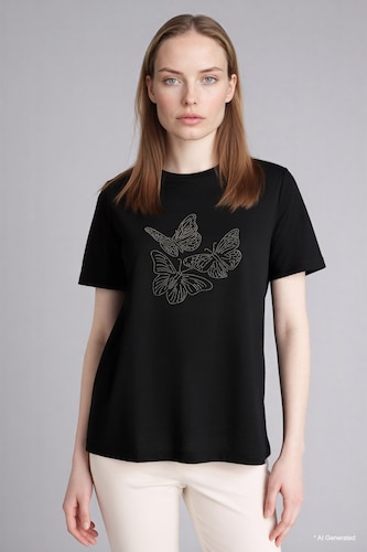 Women Black Relax Fit Crew Neck Short Sleeve T-Shirt