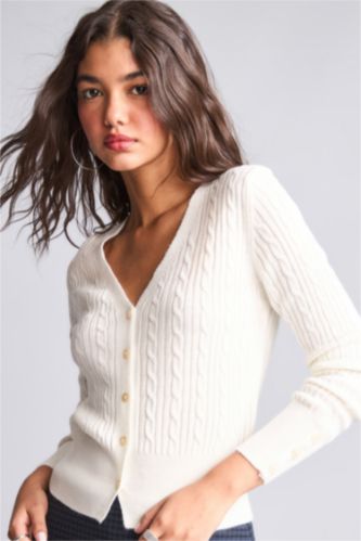 Women Ecru Slim Fit Knitwear Cardigan