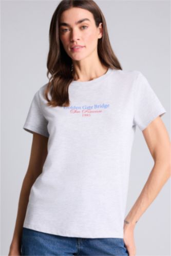 Kadın Gri Melanj Regular Fıt Bisiklet Yaka Baskılı Penye Kısa Kollu Tişört