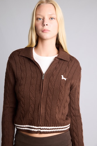 WOMAN Brown Regular Fit Braided Polo Collar Zip-Up Cardigan