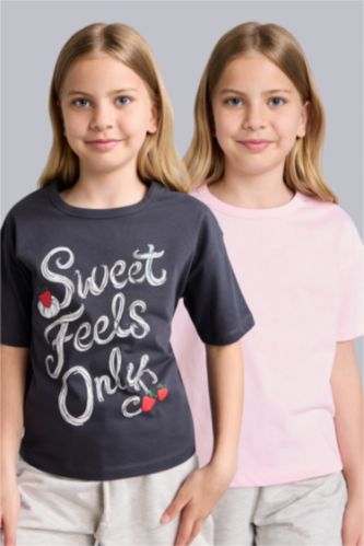 Young Girls - Teen Girls Anthracite 2 piece Printed Short Sleeve T-Shirt