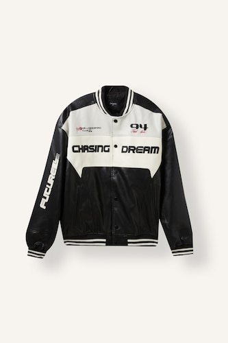 Oversize Fit Varsity Collar Embroidered Bomber Faux Leather Jacket