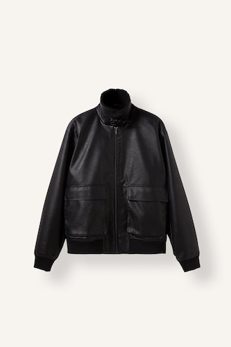 Regular Fit Faux Leather Fur Collar Zip-Up Jacket