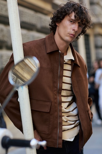 MAN Brown Regular Fit Ultra Soft Suede Contrast Collar Zip-Up Jacket
