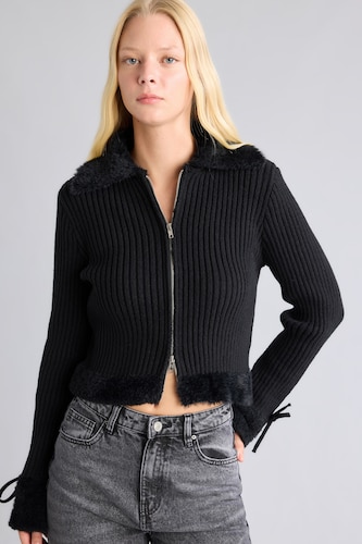 Kadın Siyah Regular Fit Kürk Detaylı Fermuarlı Basic Hırka