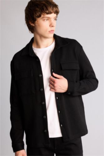 Man Black Regular Fit Long Sleeve Overshirt