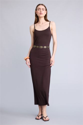 Kadın Kahve Askılı Midi Elbise