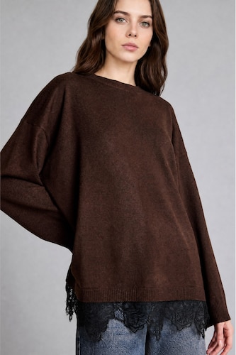FEMME Marron Pull en maille à col rond Coupe décontractée