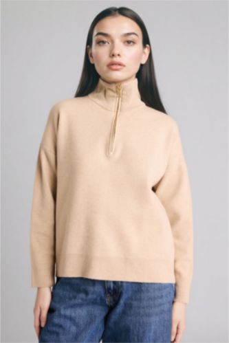 Woman Beige Oversize Fit Polo Collar Pullover