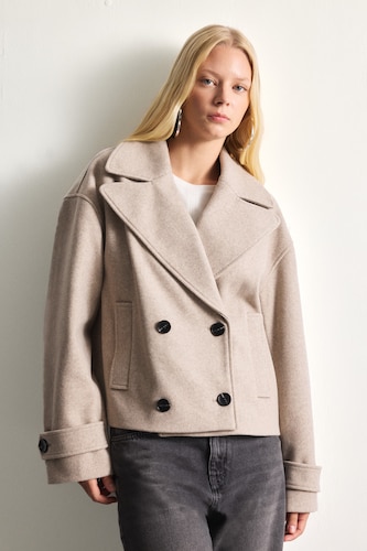 FEMME Beige Manteau court en cachemire à double boutonnage Coupe régulière