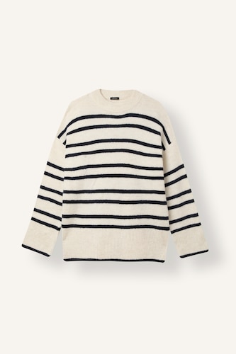 Oversize Fit Striped Knit Pullover with Semi-High Neck and Dropped Shoulders