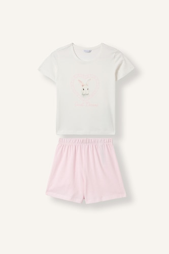 Kız Çocuk - Genç Kız Açık Pembe 2'li Pijama Takımı Baskılı Şortlu Kız Çocuk