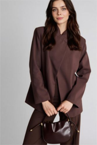 Kadın Kahve Regular Fıt Dik Yaka Blazer Ceket