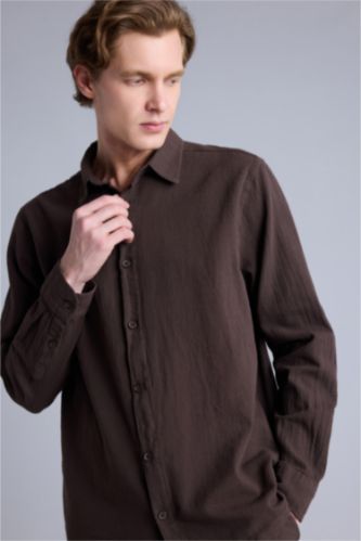 Erkek Açık Kahve Regular Fıt Gömlek Yaka Uzun Kollu Gömlek
