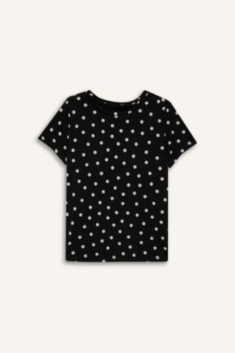 Kadın Siyah Anneler Günü Regular Fıt Bisiklet Yaka Puantiye Penye Kısa Kollu Tişört