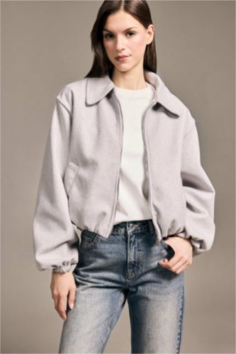 Kadın Açık Gri Kısa Fermuarlı Mont