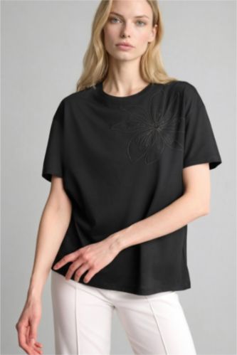 Kadın Siyah Relaxed Fit Kısa kollu Baskılı Tişört