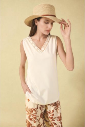 WOMAN Ecru Relax Fit V-Neck Short Sleeve Tank Top