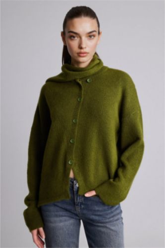 Woman Khaki Regular Fit Crew Neck Knitwear Cardigan