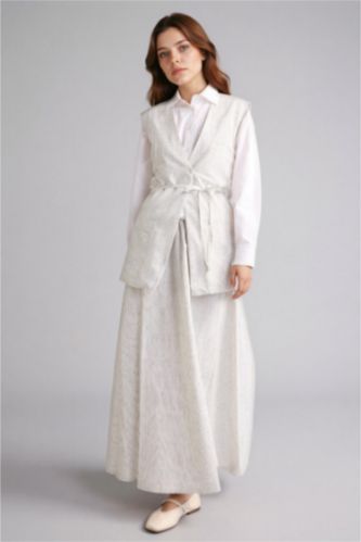 Kadın Beyaz A Kesim Çizgili Keten Etek