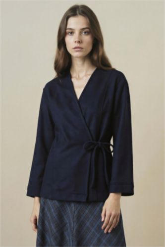 Kadın Lacivert Fıtted İçi Yumuşak Tüylü Bağlamalı Hırka